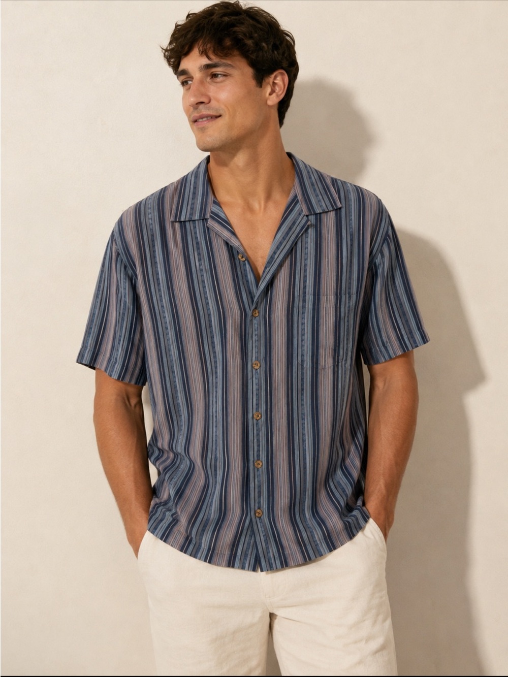 Tommy Bahama Navy and Light Blue Striped Short-Sleeve Button-Down 100% Silk
